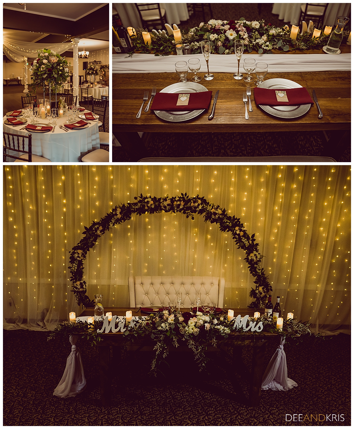 Three color images: Top left of table with candles and setting. Top right close-up of table setting. Bottom image of sweetheart's table with floral arch behind it.