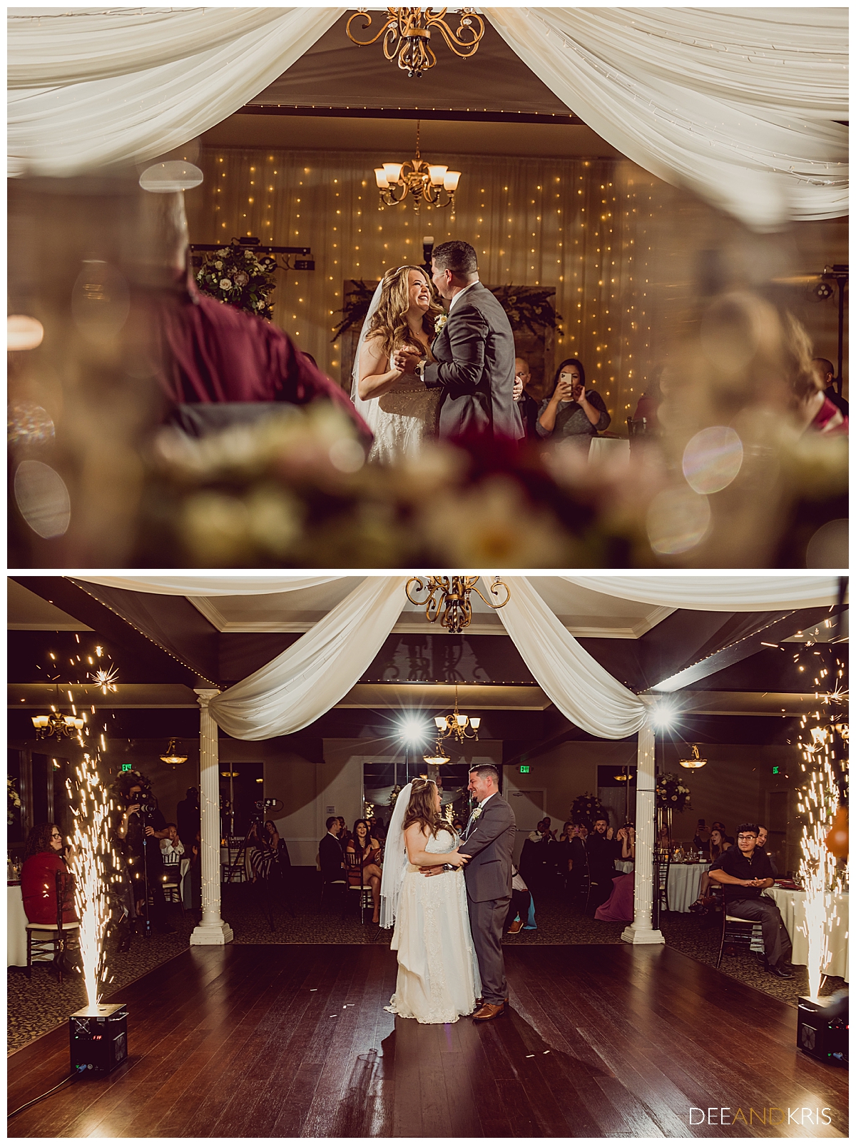 Two color images: top image of POV view from behind wine glasses watching bride and groom dance. Bottom image full shot bride and groom dancing with pyrotechnics on either side.