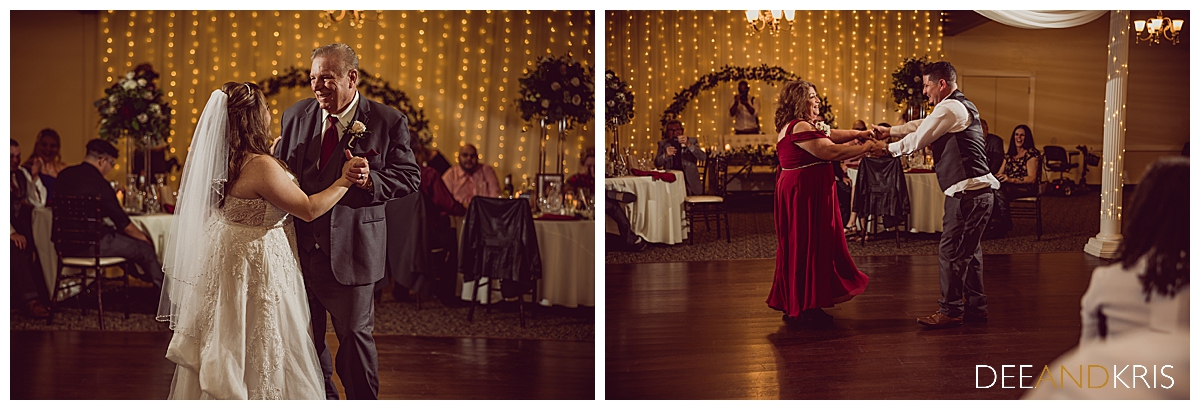 Two color images: left image of father/daughter dance. Right image of mother/son dance.