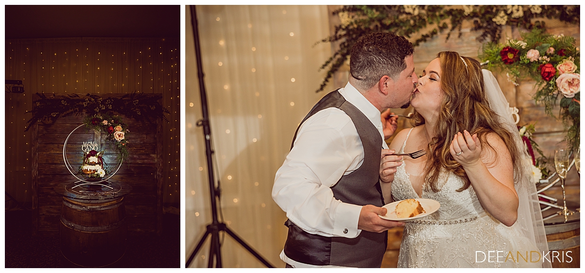 Two color images: left image of wedding cake encircled by a decorated hoop. right image of bride and groom in a kiss after cake cutting.