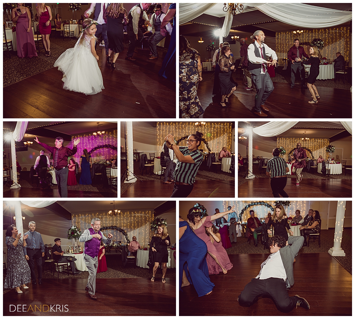 Seven color images of guests dancing at reception.