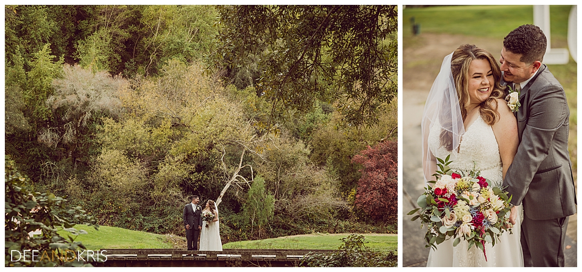 Two color images: Left image of newlyweds standing on bridge in distance. Right image of groom holding bride from behind as they laugh.