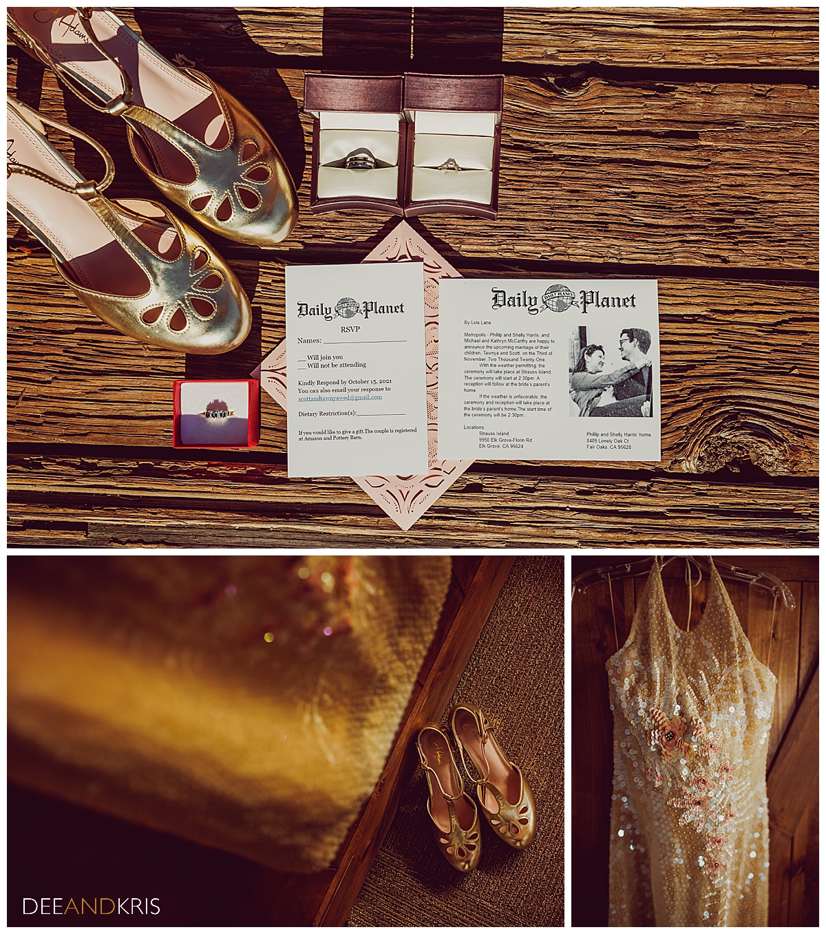 Three color images: Top image of lay flat with rings, shoes, and invitations. Bottom left POV image of shoes under wedding dress. Bottom right image of wedding dress details.
