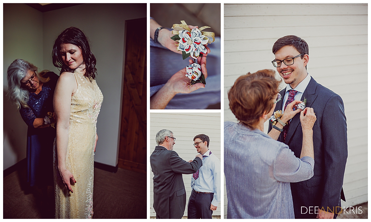 Four color images: Right image of bride with mother helping her button her dress. Middle top image of handmade hair clip and boutonniere. Bottom middle image of father of groom helping groom with tie. Right image of mother of groom putting on groom's boutonniere.