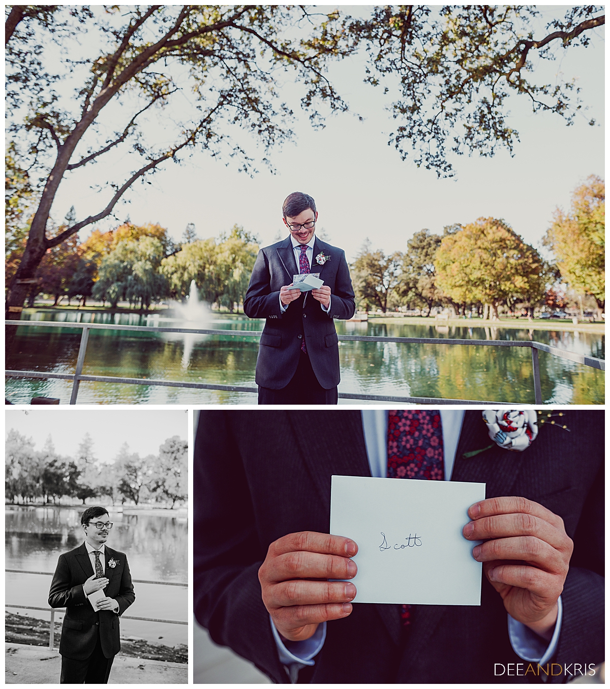 Three images: Top color image of groom reading note from bride smiling. Bottom left black and white image of groom touching his heart after reading note. Bottom right color image of groom holding note from bride.