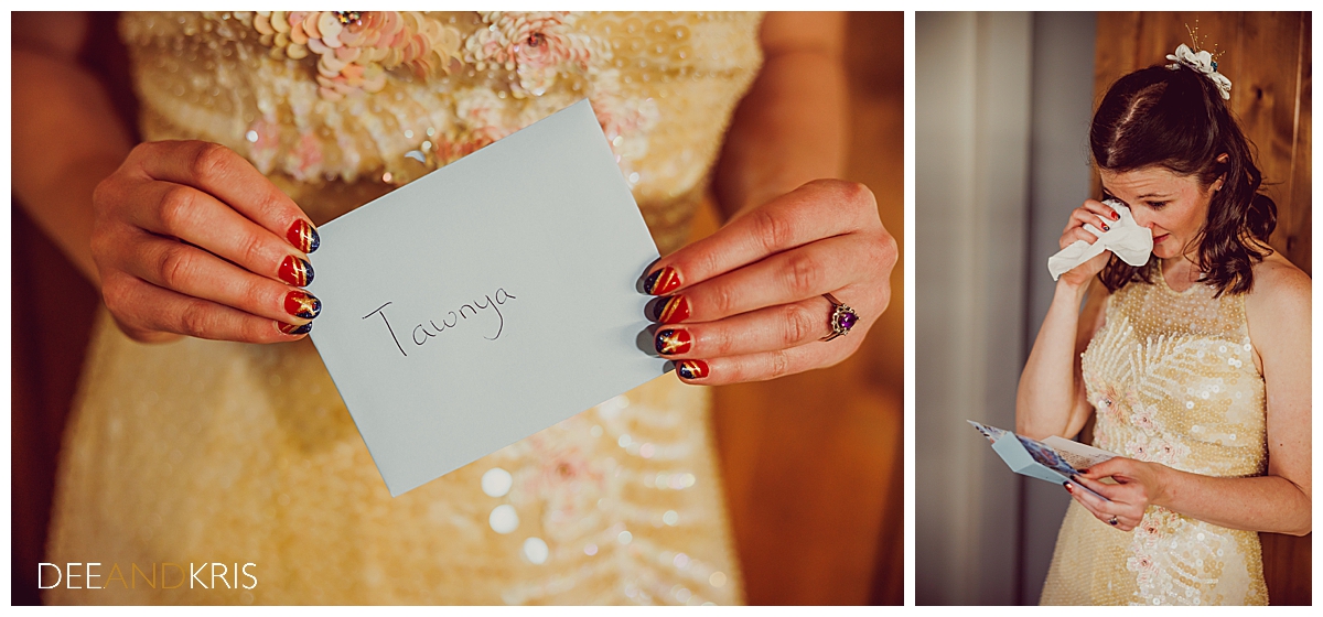 Two color images: Left image of bride holding note from groom. Right image of bride wiping away tears as she reads groom's note.