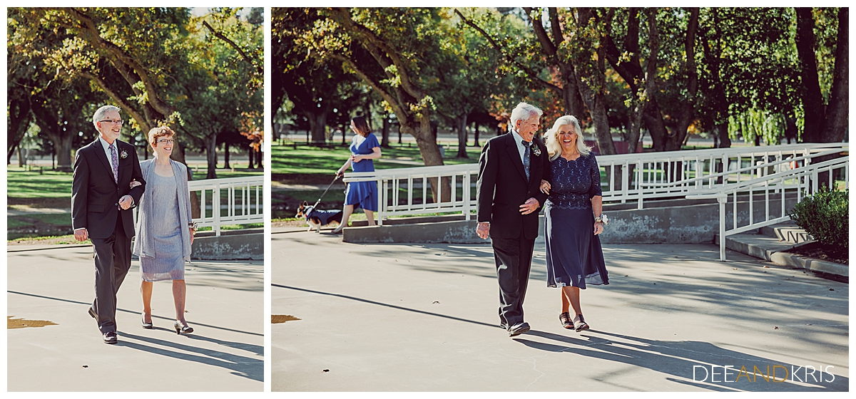 Two color images of both sets of parents in processional.
