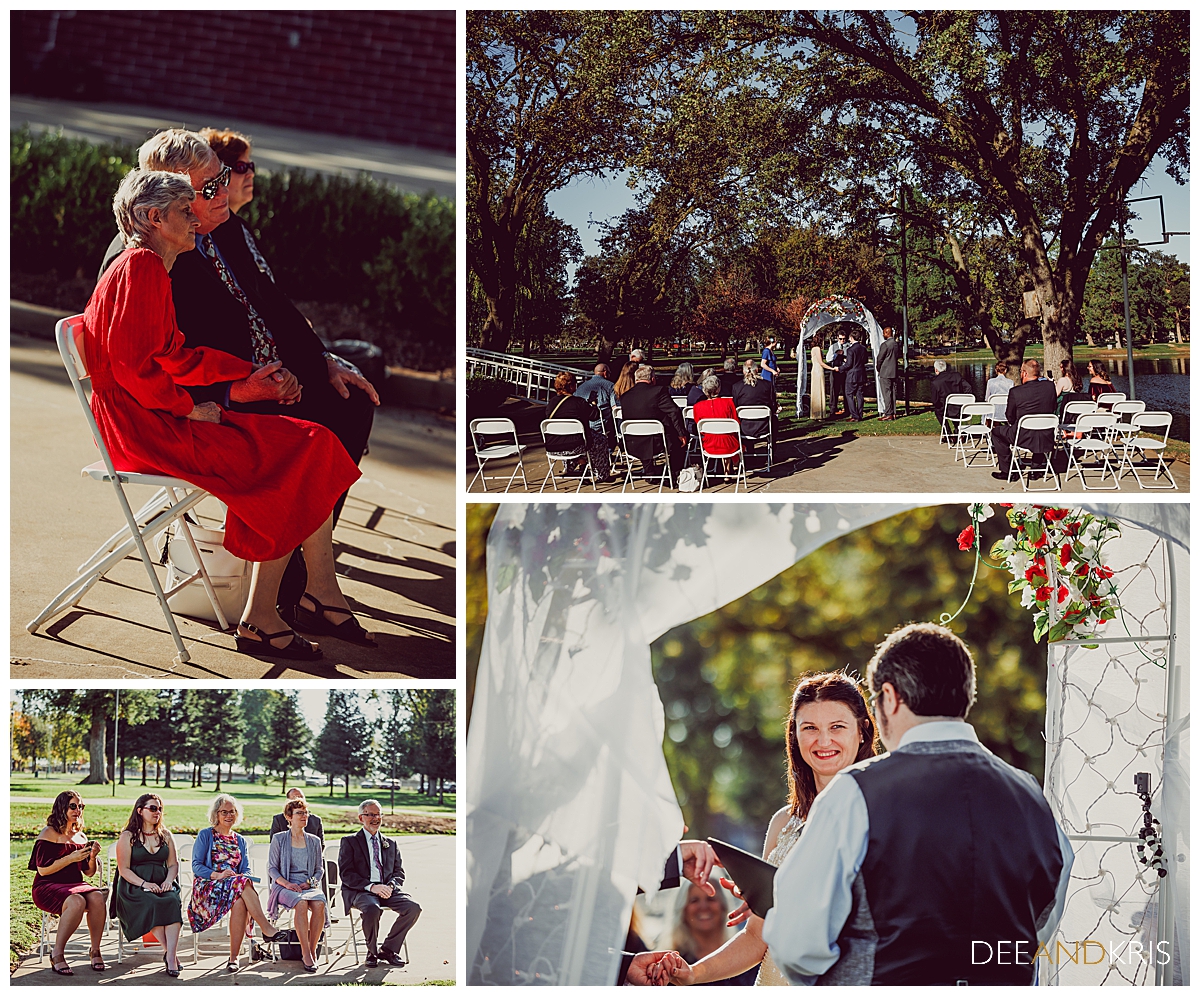 Four color images: Top left of woman in red dress watching ceremony. Bottom left of guests watching ceremony. Top right of couple at altar with pond behind them and guests watching. Bottom right of bride smiling at officiant.