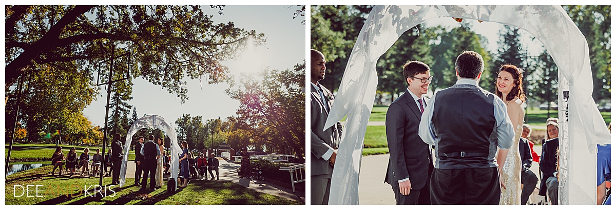 Two color images: left image of entire wedding and guests watching. right image close-up of couple looking at officiant.