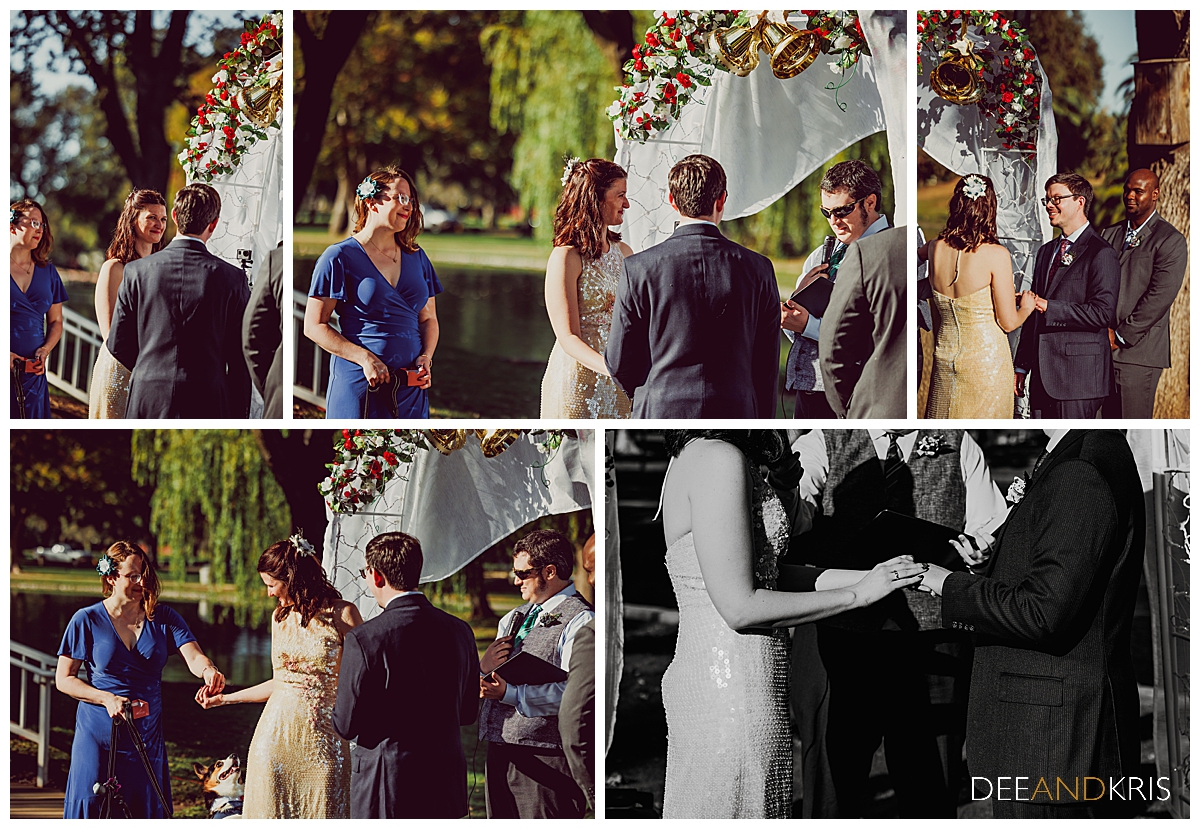 Five images: Top left color image of bride smiling at groom who has his back to camera,Top middle color image of officiant blessing rings Top right color image of groom smiling at bride with her back to camera. Bottom left color image of maid of honor handing bride the ring. Bottom right black and white close-up image of rings being exchanged.