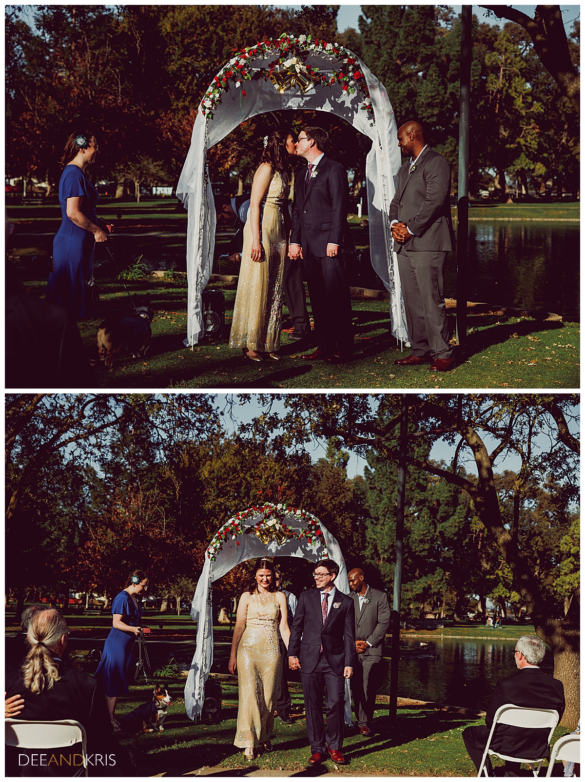 Two color images: Top image of first kiss. Bottom image of beginning recessional.