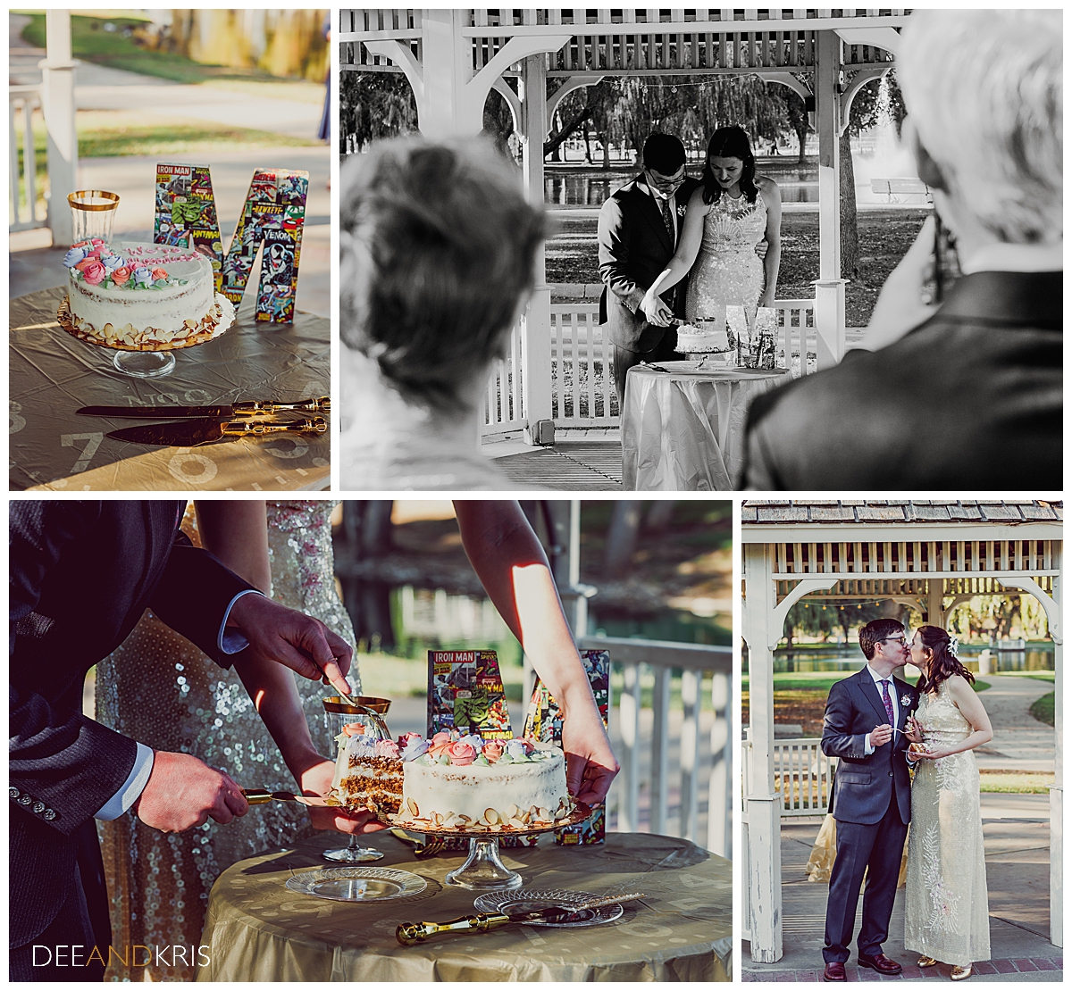 Four images: Top left color image of single tier cake with comic book decoupage M behind it. Top right black and white image of couple cutting the cake. Bottom left color image of cake being served by groom. Bottom right color image of couple holding cake while kissing.