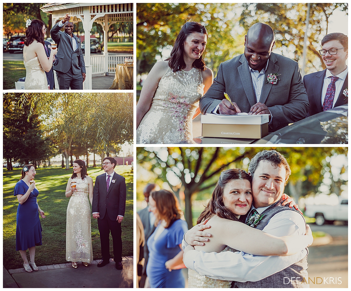 Four color images of toasts and congratulatory hugs from guests.