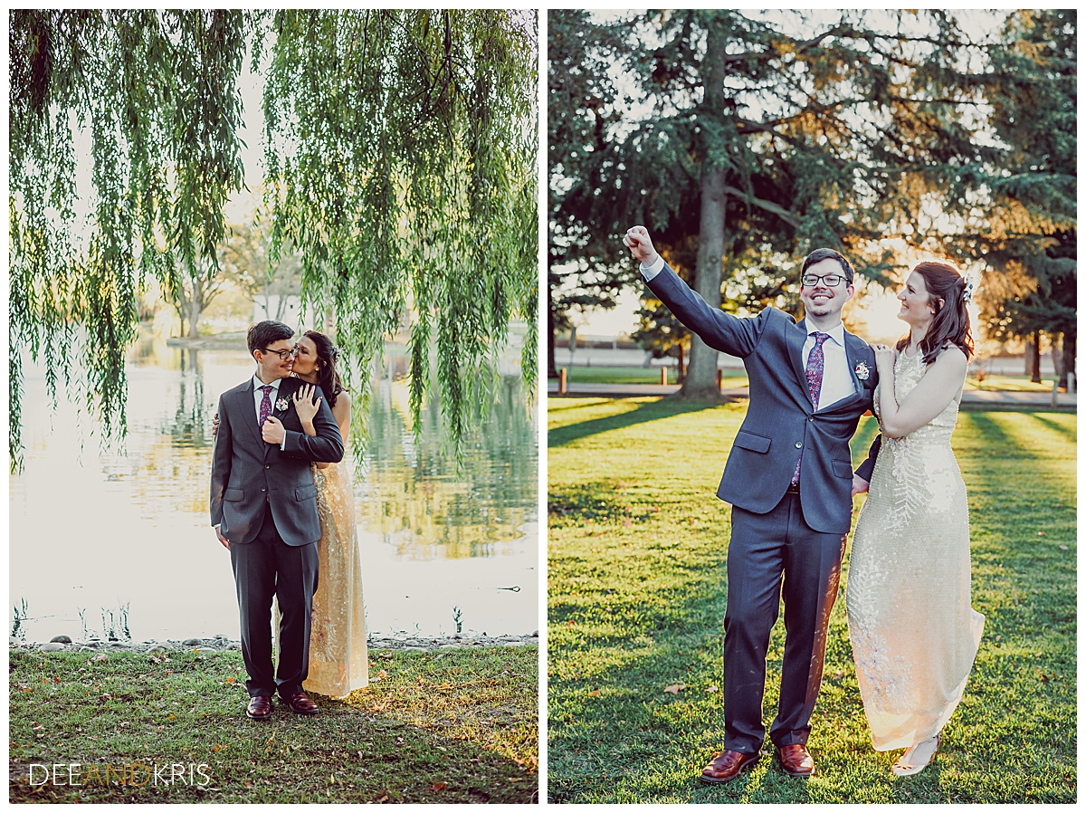 Two color images: left image of bride kissing room from behind while they stand under a willow tree. Right image of Groom in celebratory pose while bride looks at him.