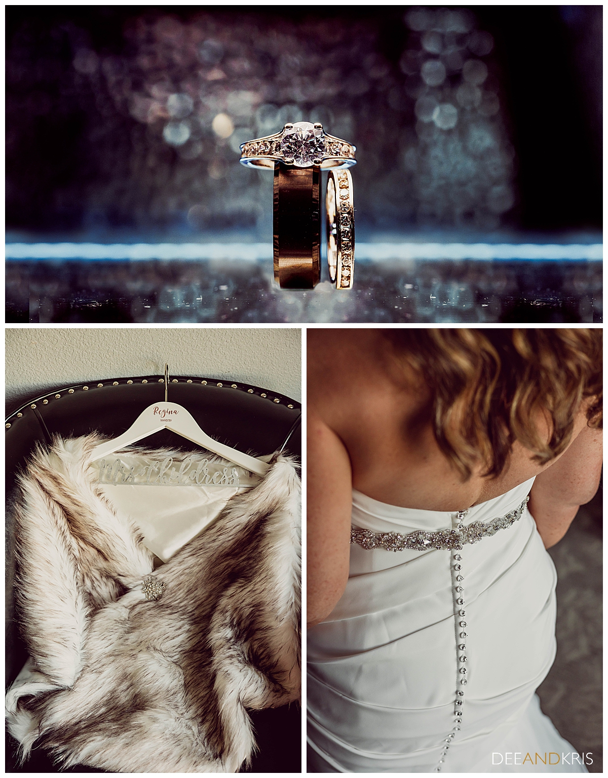Three images: top image of wedding rings in front of out of focus backdrop. Bottom left image of bride's faux fur shoulder wrap on hanger. Bottom right image of back buttons of bride's gown.