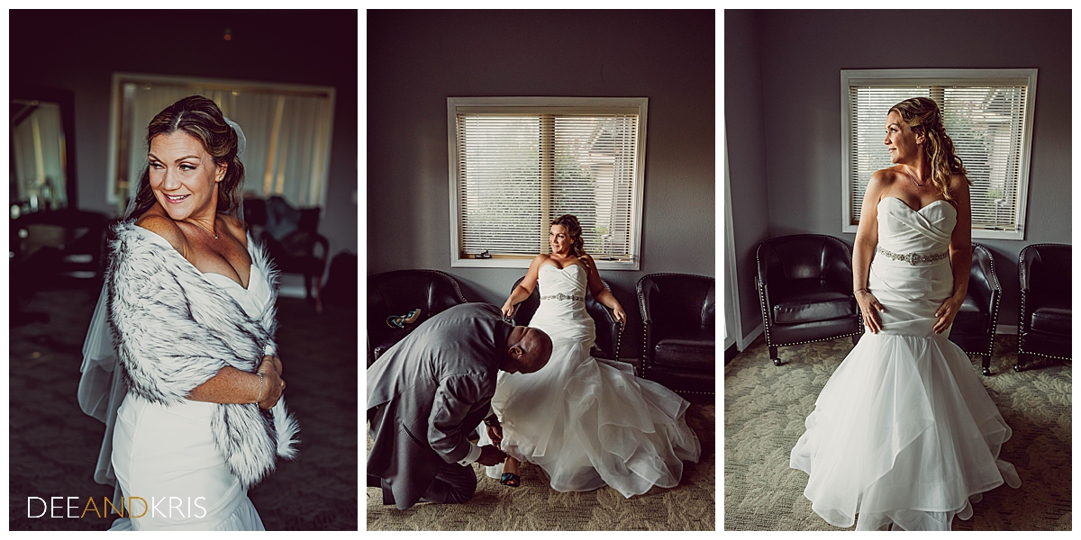 Three images: Left image half body of bride posing in her gown and faux fur shoulder wrap looking to the left. Center image of groom helping bride with shoes as she leans back. Right image full body of bride posing in just her gown looking to the left. 