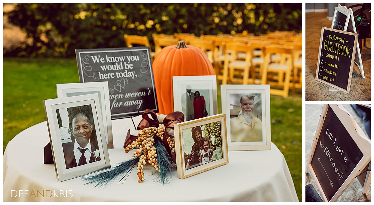 Three images: Left image of memorial photos with sign. Left two images of handwritten welcome and guest book signs.
