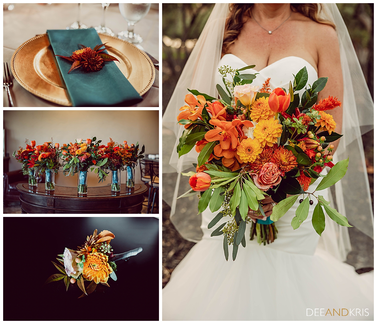 Four images: Top left image of table setting. Center left image of bouquets in their vases lined up. Bottom left image of boutonniere, Right image close up of bride's bouquet.