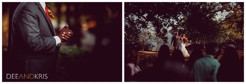 Two images: Left image close-up of groom's. hands clasp together. Right image of bride walking a winding path with her father.