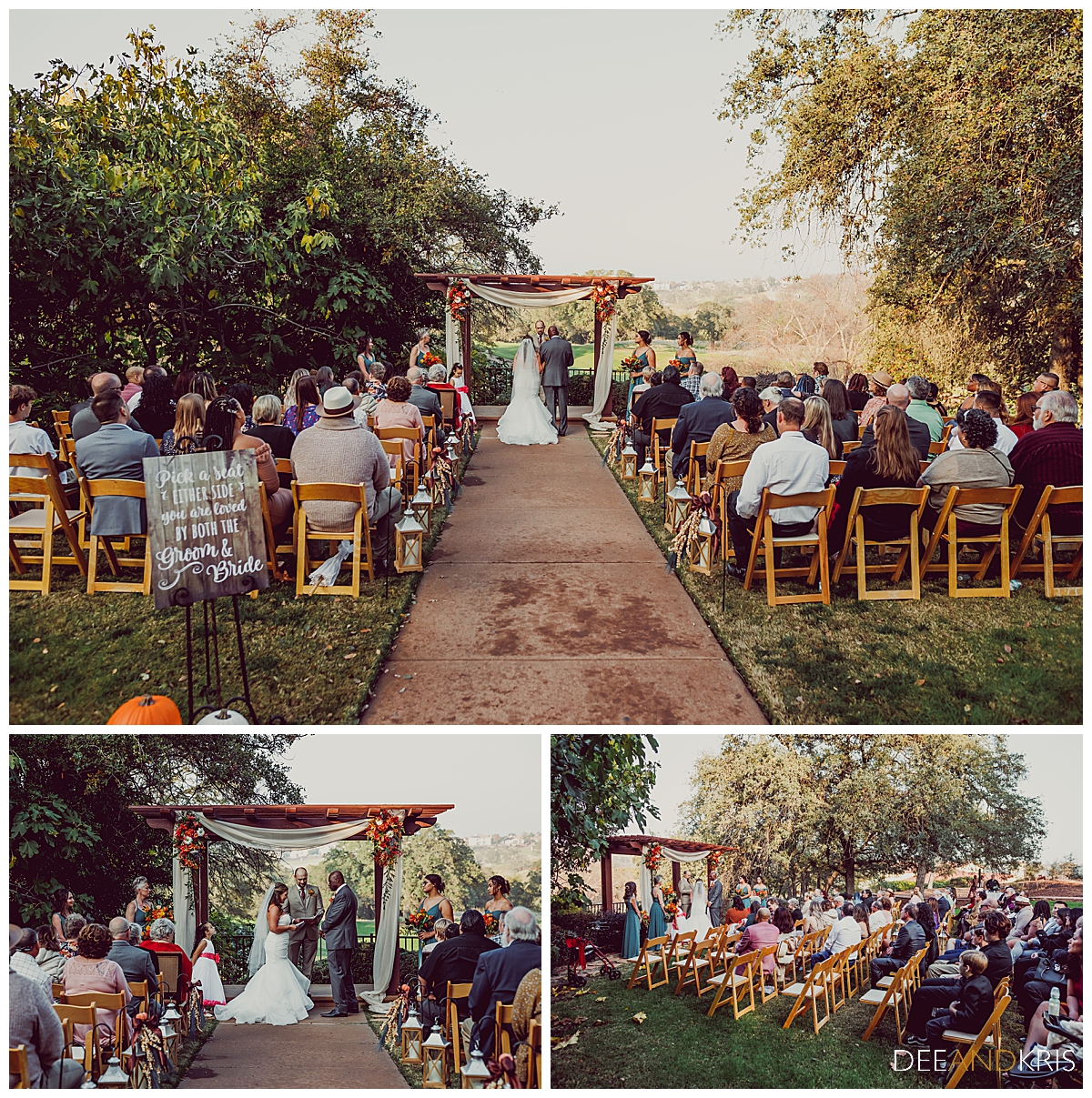 Three images: Top pull back image from rear of aisle looking at couple and guests from behind. Bottom left image head on of bride reading vows. Bottom right image from side of groom reading vows as guests watch.