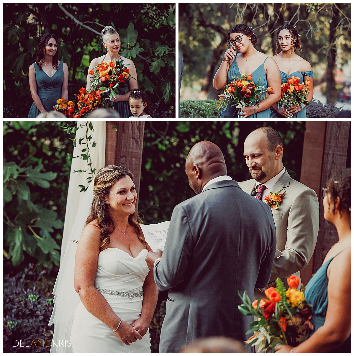 Three images: Top left image of two bridesmaids. Top right image of other two bridesmaids as one wipes away a tear. Bottom image of bride smiling up at groom as he reads his vows.