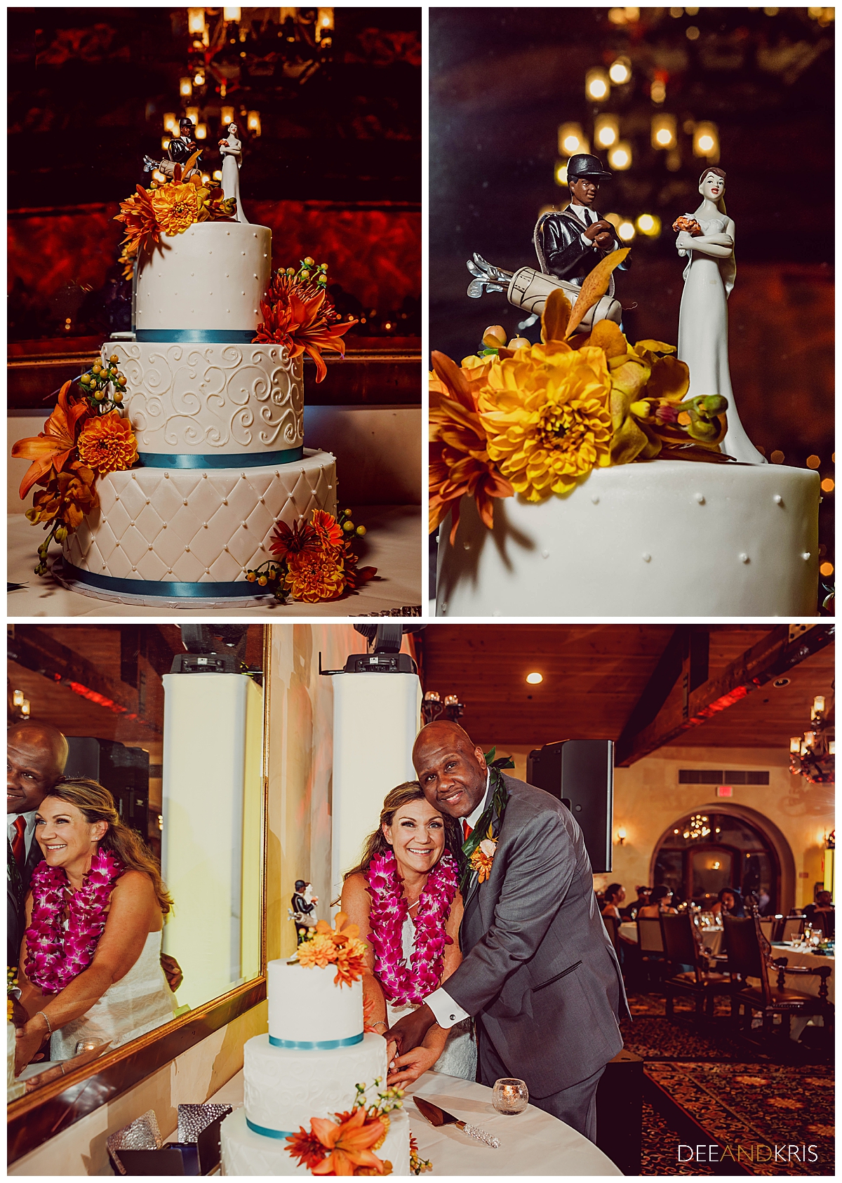 Three images: Top left image of full three tier cake. Top right image of cake topper of bride with arms crossed ad groom with golf bag. Bottom image of couple cutting cake.
