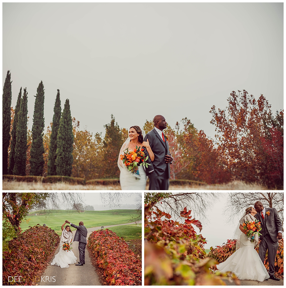Three images: Top image low angle shot of couple shoulder to shoulder and arm in arm facing away from each other. Bottom left image of groom spinning bride on pathway. Bottom right up angle shot of bride on groom kissing with couple off-center to the right.