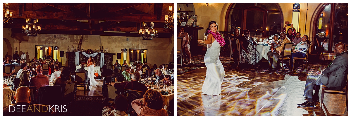 Two images: Left pullback image of entire room watching as bride dances hula with groom seated in front of her. Right image of groom watching bride dance hula.