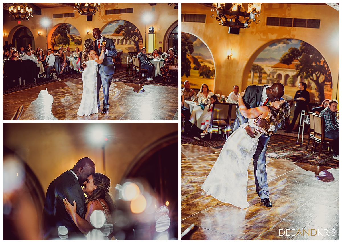 Three images: Left top full body image of couple dancing. Bottom left close-up image of couple dancing surrounding by out of focus light. Right image of groom dipping and kissing bride.