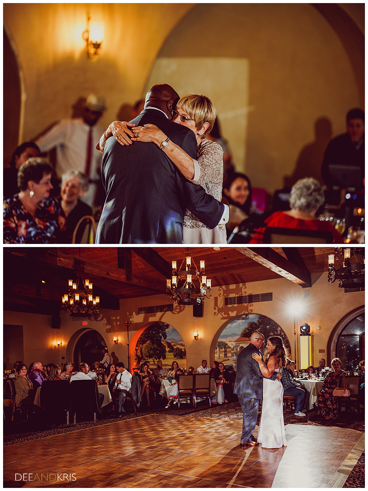 Two images: Top image of groom dancing with his mother. Bottom image of bride dancing with her father.