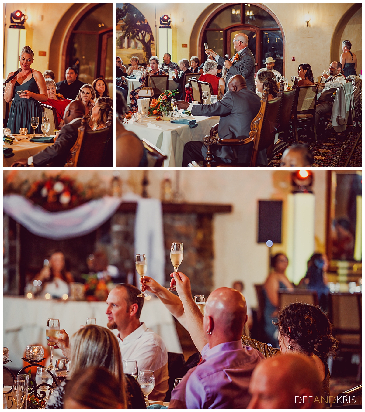 Three images: top left image of maid of honor toasting couple. top right image of bride's father toasting couple. Bottom image of guests glasses raised in the air.