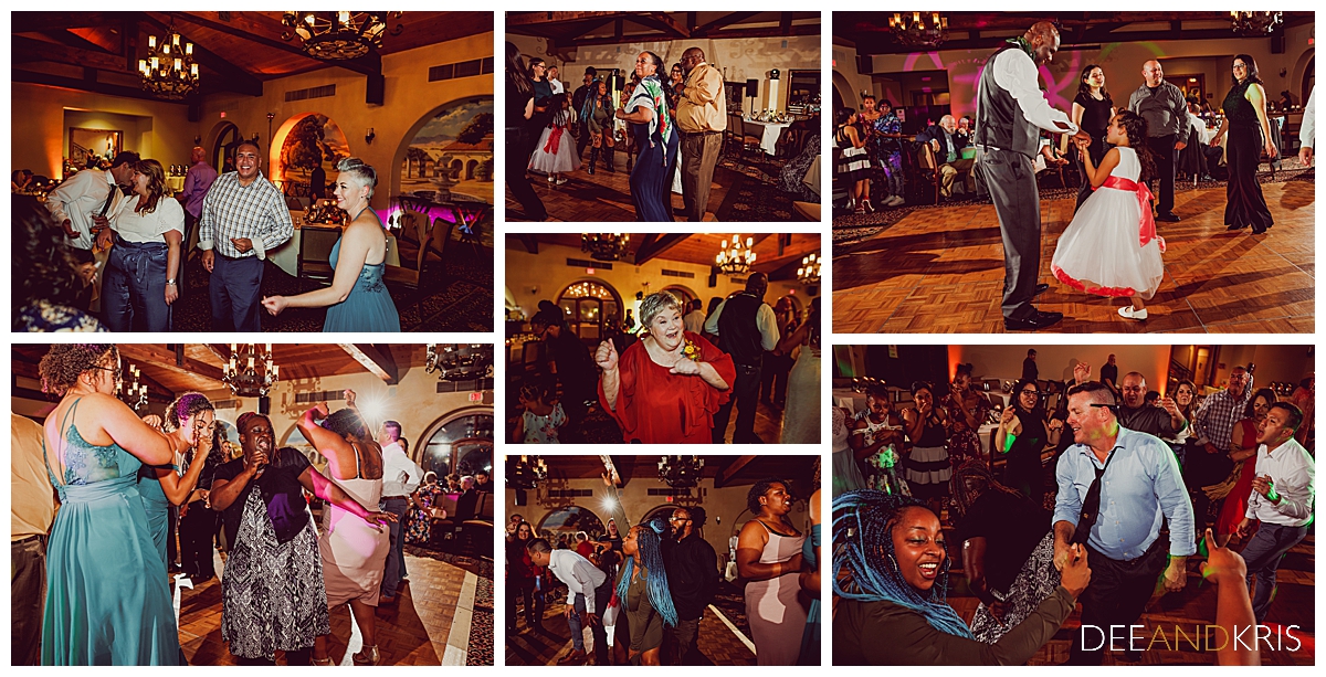 Seven images of various guests dancing.