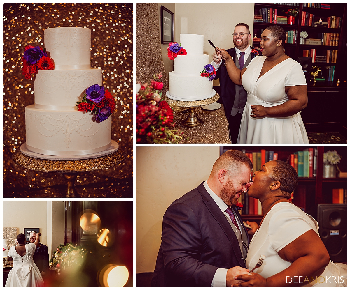 Four images: Top left image of white three-tired wedding cake decorated with fresh flowers. Top right image of couple cutting cake. Bottom left image of bride wiping cake on groom's forehead. Bottom right image of bride licking frosting off of groom's forehead.