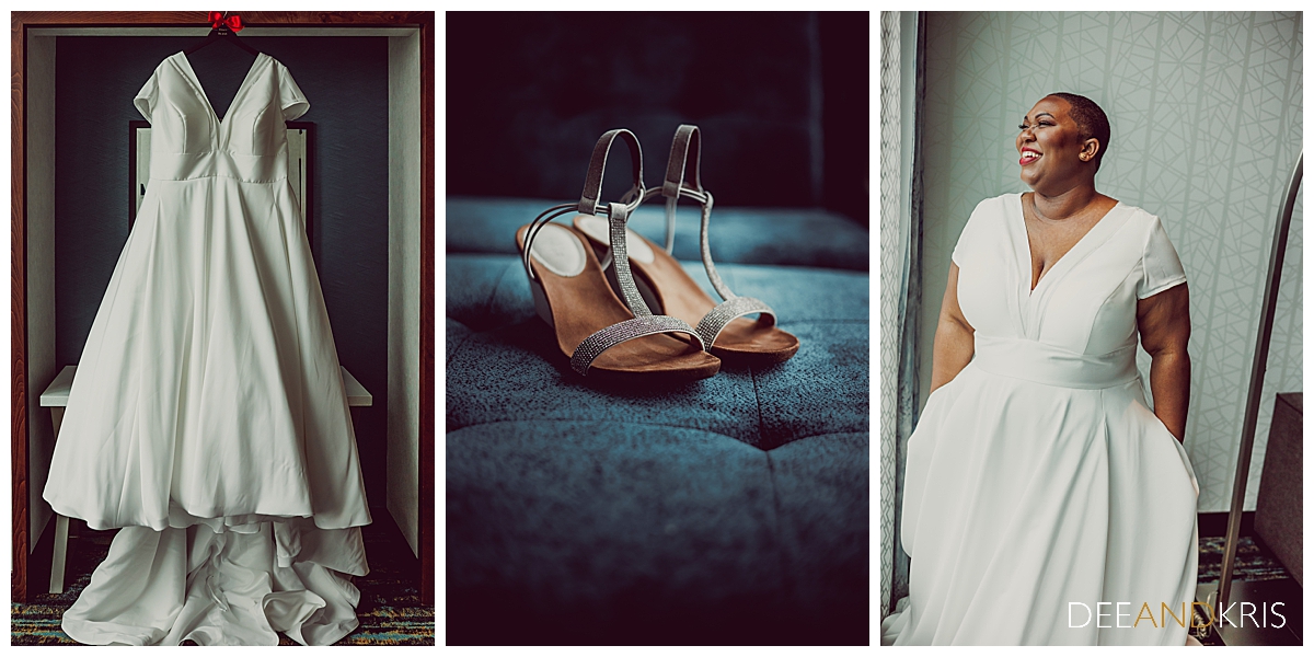 Three images: Left image of wedding dress hanging in doorway. Middle image of sandals on chair. Right image of bride in her dress smiling in window light.