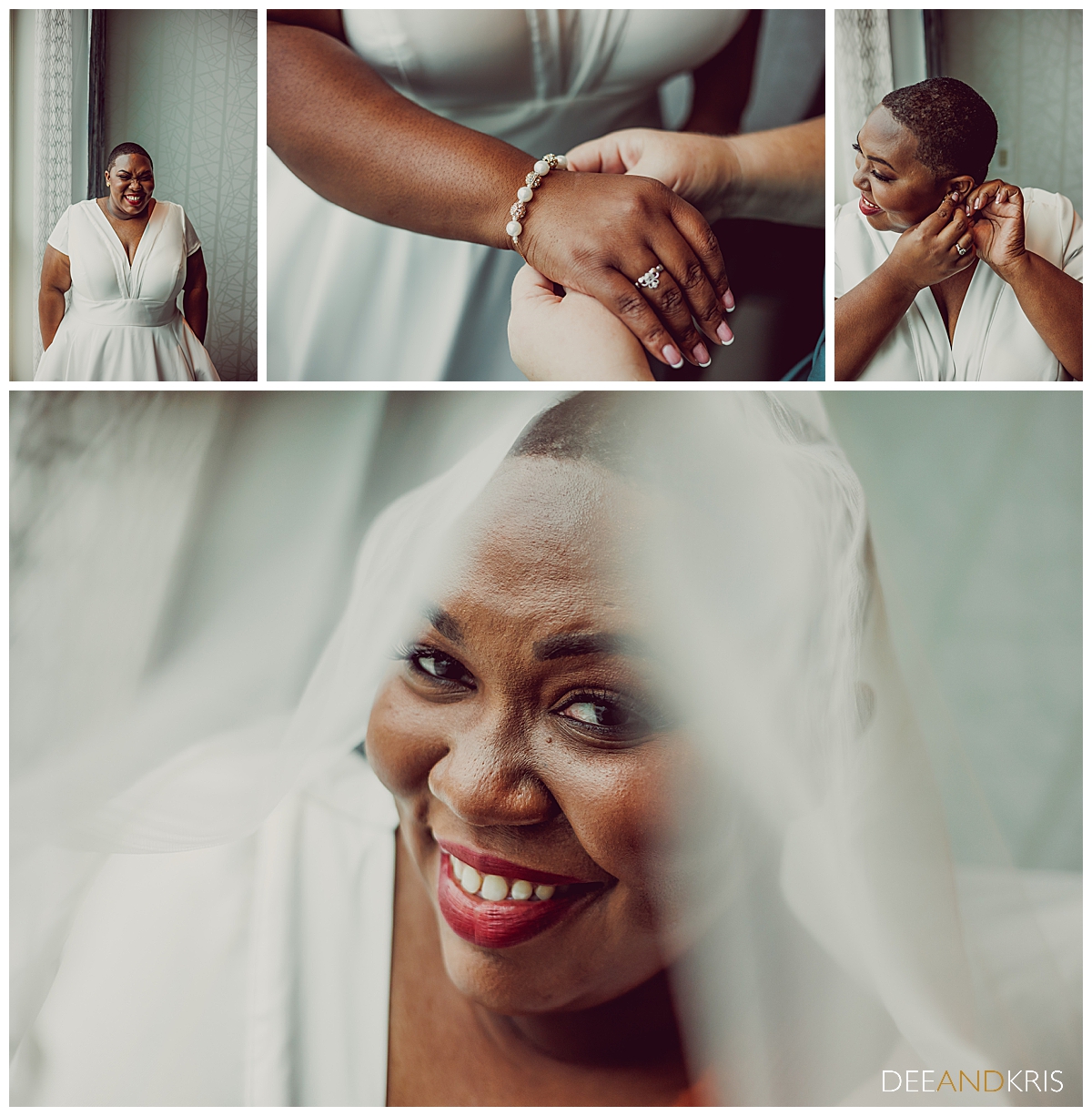 Four images: Top left image of bride laughing at camera with hands in her pockets. Top middle image of bride having her bracelet put on. Top right image of bride putting on earrings. Bottom image of bride sileing while enveloped in her veil.