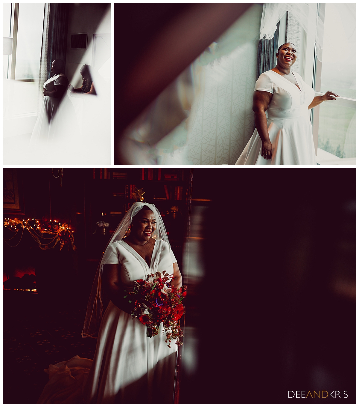 Three images: Top left image of bride taken through glass window of wooden door. Top right image of bride standing in front of window. Bottom image of bride holding bouquet looking out window.