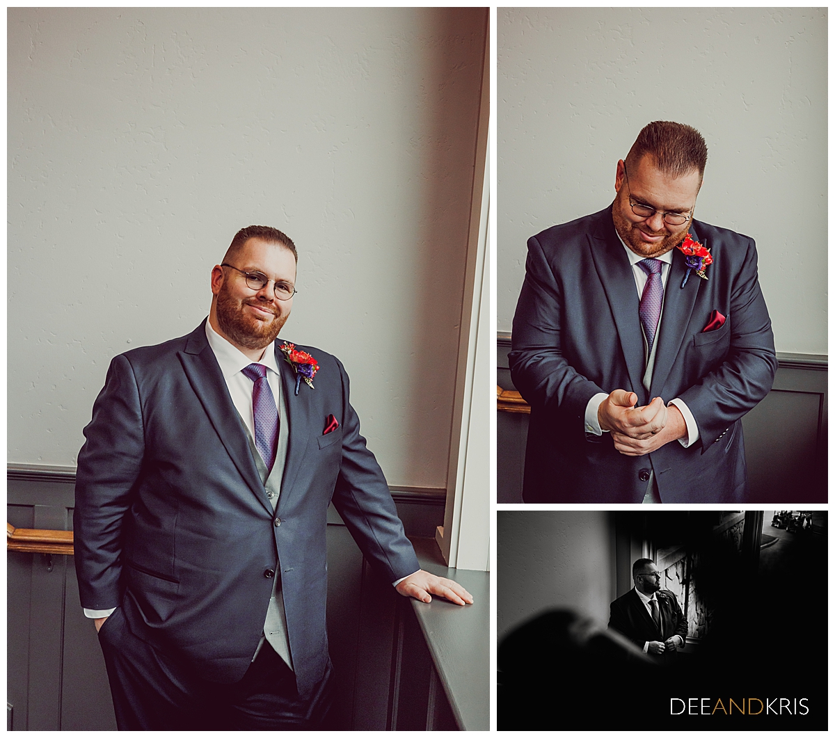 Three images: Left image of groom standing in front of window in suit with hand in pocket. Top right image of groom straightening cuff links in window light. Bottom right black and white image of groom from a distance.