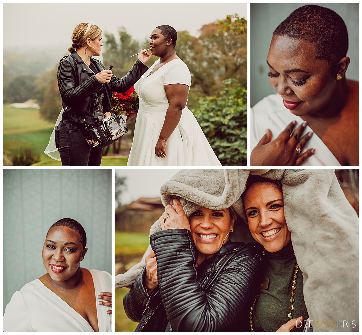 Four images: Tope left image of makeup artist Morgan Merrill reapplying lipstick to bride outdoors. Top right image of bride looking down with hand on her shoulder. Bottom left image of bride looking at camera smiling. Bottom right image of makeup artist Morgan Merrill and coordinator Kellie Collier smiling while under a blanket to block the rain.