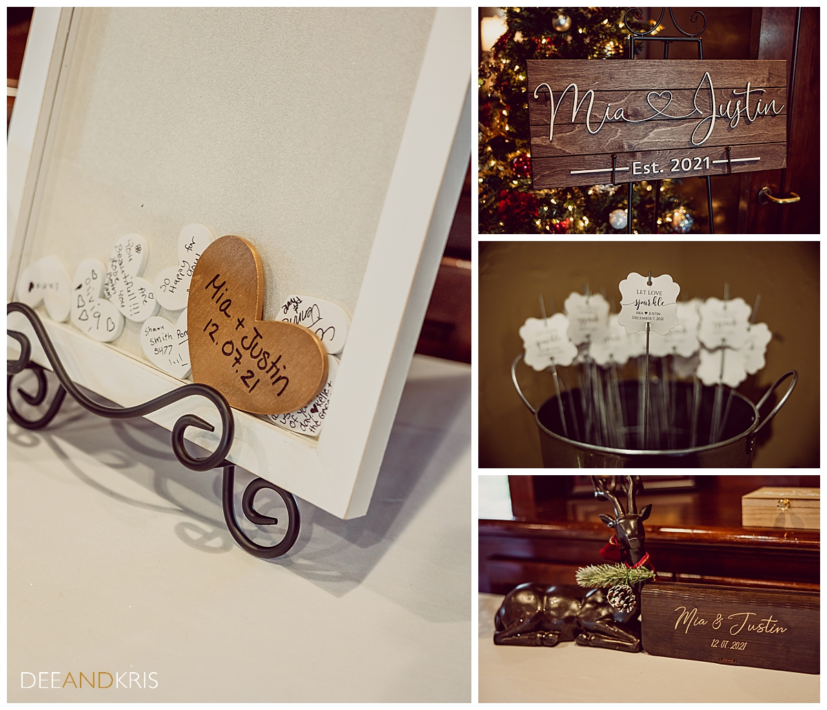 Four images of various wedding details and signs.