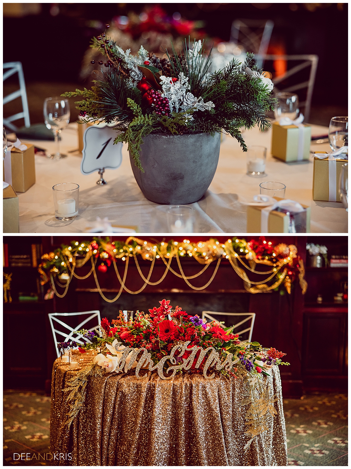 Two images: Top image of holiday-themed floral centerpiece. Bottom image of sweethearts table with gold tablecloth and Mr. and Mrs, sign in front of floral arrangement.