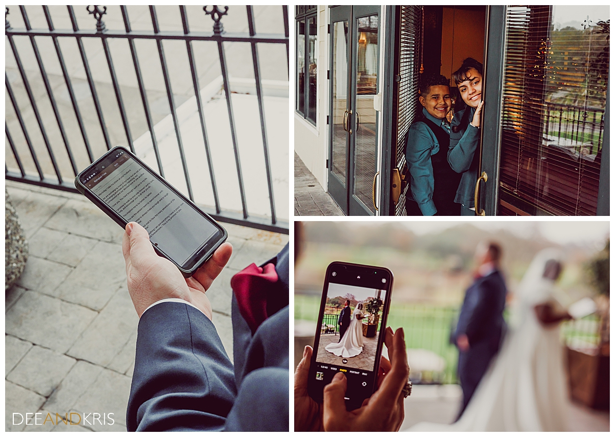 Three images: Left image of groom's hand holding phone with vows on it. Top right image of Maid of Honor's children peeking out a window. Bottom right image of couple standing back to back in bokeh with phone image of couple in foreground.