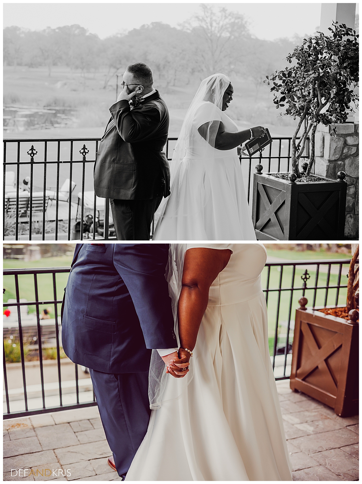 Two images: Top black and white image of bride and groom back to back and groom wiping tear away as bride reads her vows. Bottom color image of couple back to back holding hands.
