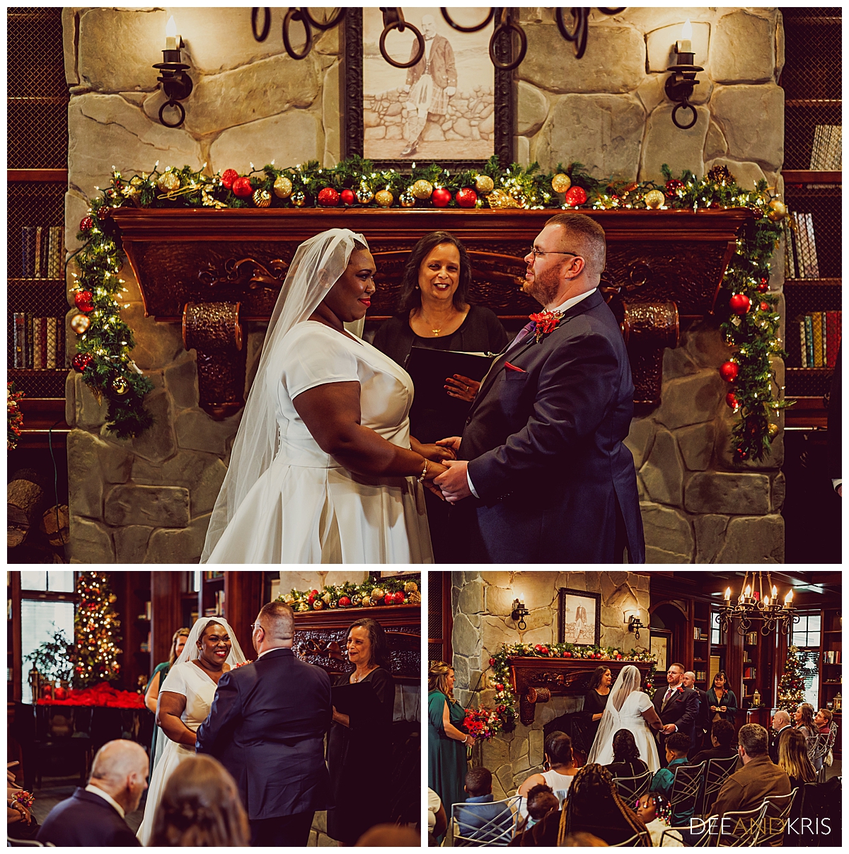 Three images: Top image of bride and groom holding hands facing each other as officiant speaks in front of holiday ecorated fireplace mantle. Bottom left image of bride smiling at groom. Bottom right image of groom smiling at bride.