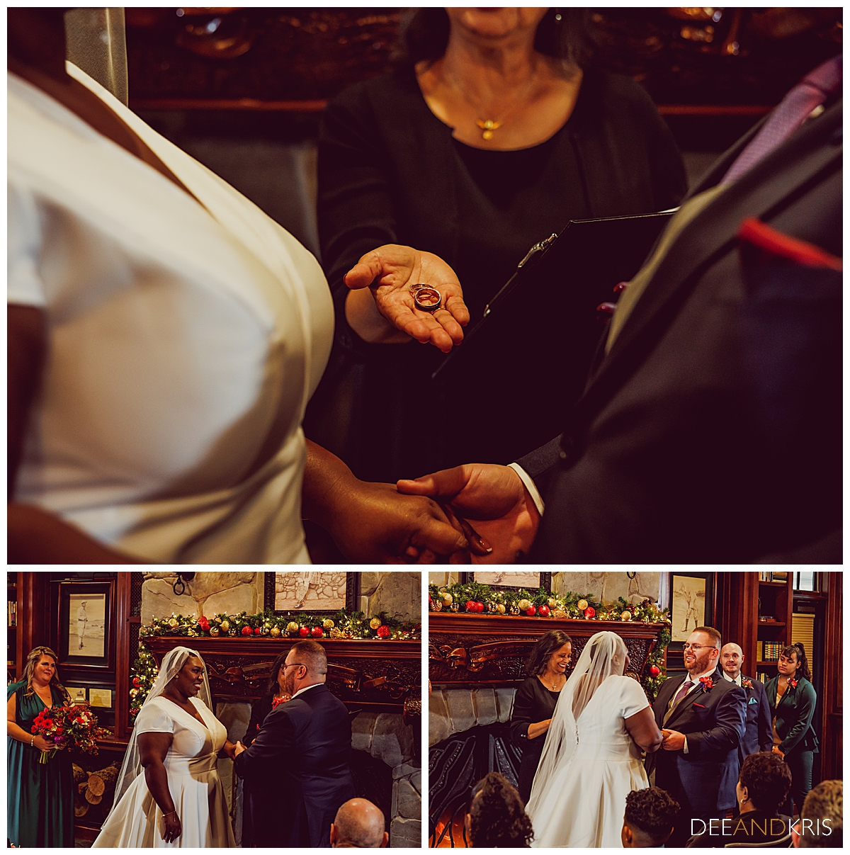 Three images: Top image of officiant blessing and holding rings out for couple. Bottom left image of groom putting ring on bride. Bottom right image of bride putting ring on groom.
