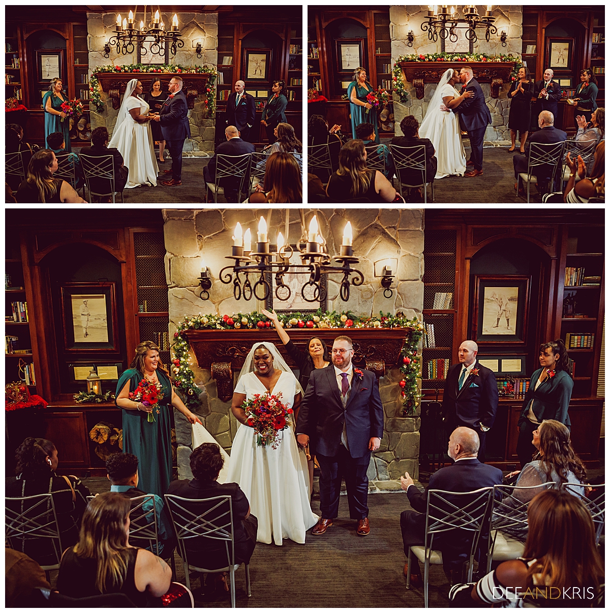Three images: Top left image of couple looking at each other while guests watch. Top right image of couple's first kiss. Bottom image of new husband and wife greeting guests.