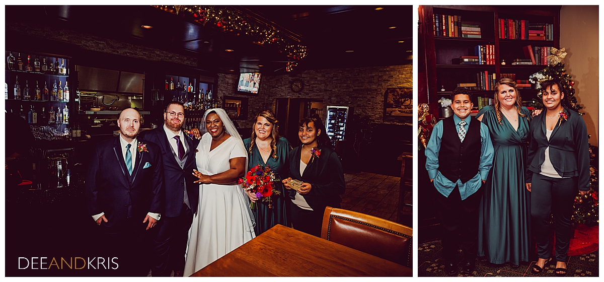 Two images: Left image of couple with wedding party in front of bar. Right image of Maid of Honor with her children.