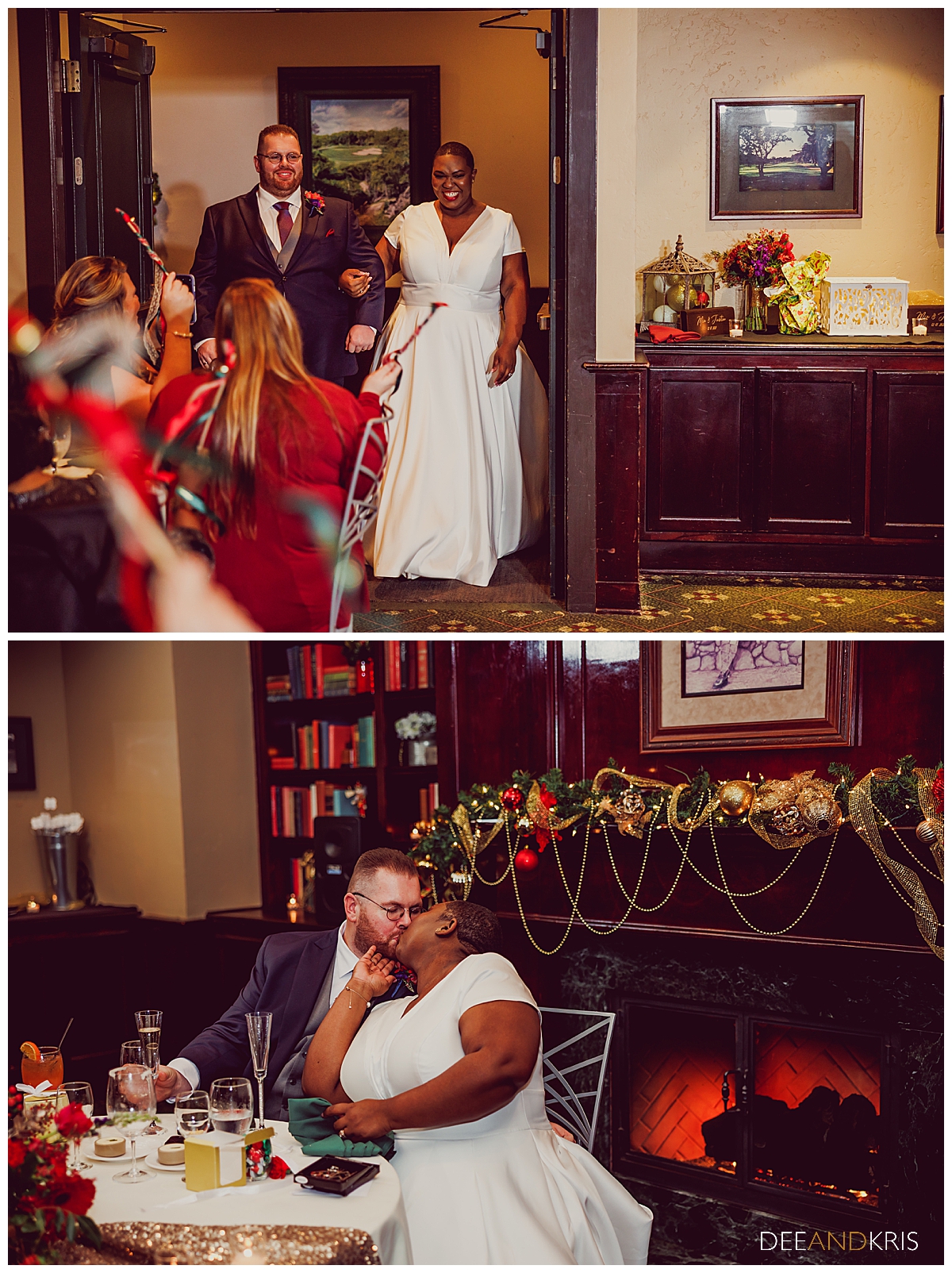 Two images: Top image of couples grand entrance. Bottom image of couple seated in front of fireplace in a kiss.
