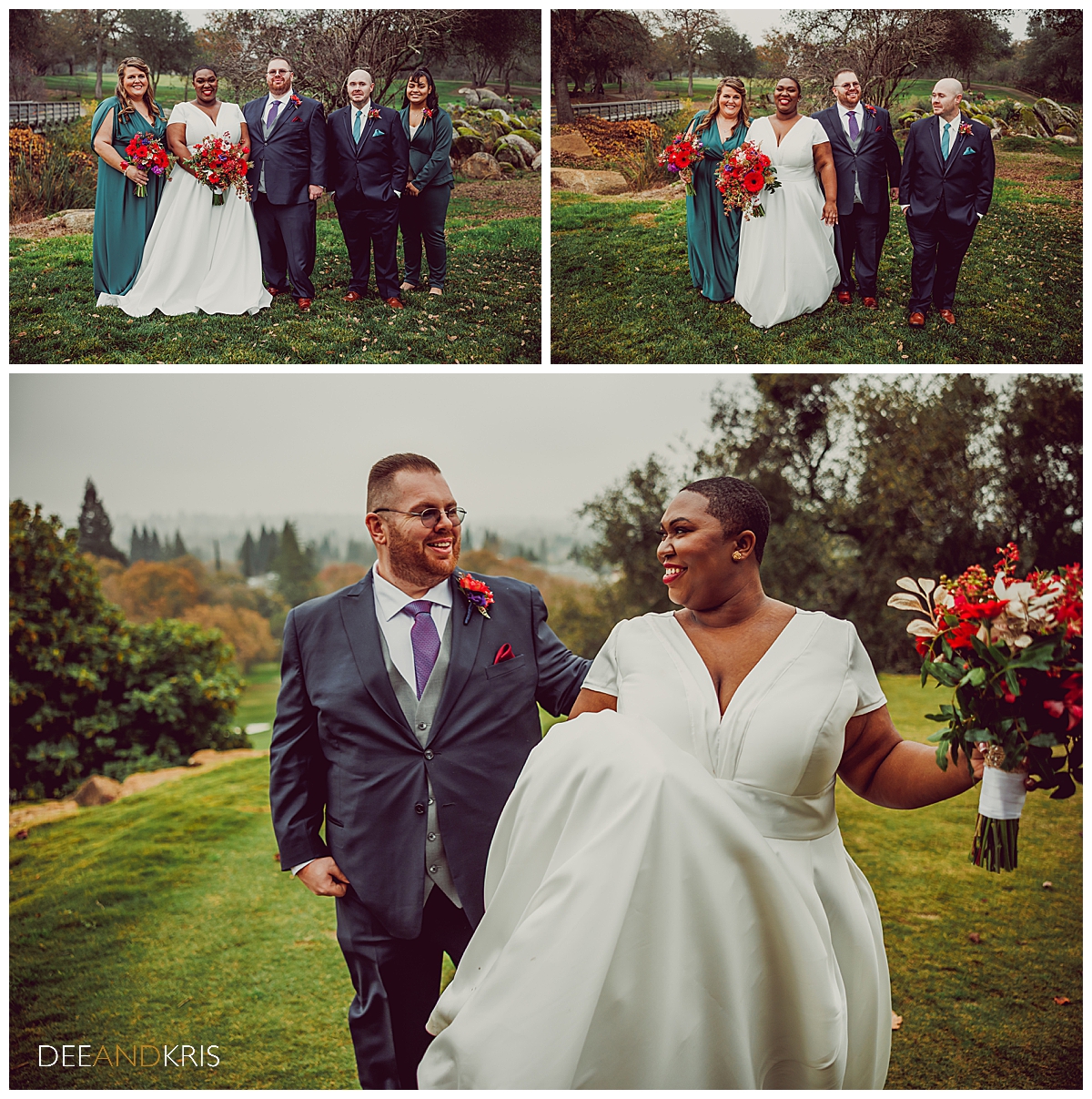 Three images: Top left image of wedding party outdoors in classic post. Top right image of wedding party walking towards camera. Bottom image of groom helping bride walk across the lawn toward camera.