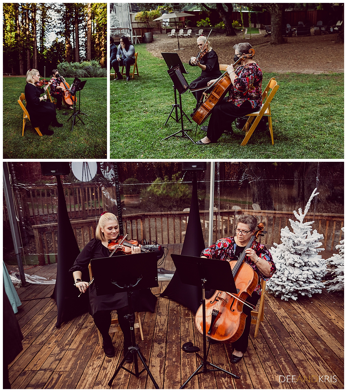 Three images: Top left image of violinist playing. Top right image of Violinist and cellist playing. Bottom image of violinist and cellist playing.