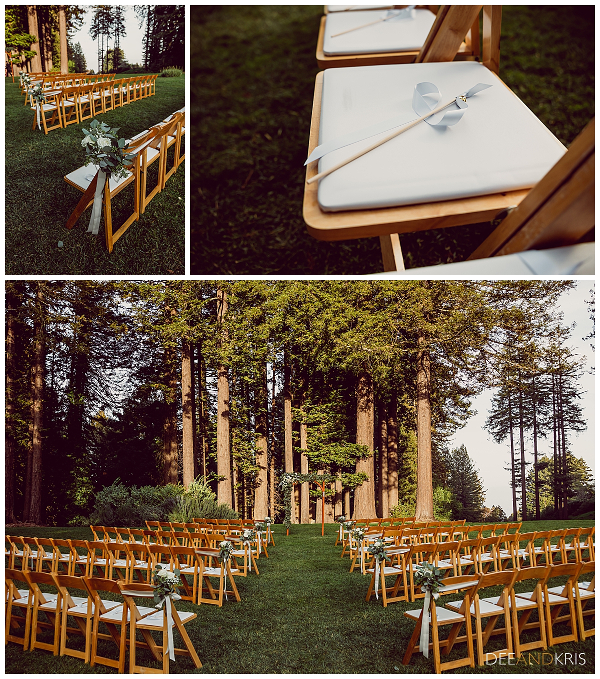 Three images: Top left image of rows of guest seating. Top right image of twirling ribbon favor on seat. Bottom image of wedding arch and seating with redwood trees behind.